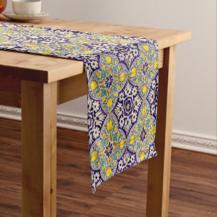 Blue Mediterranean Pattern Yellow Blossoms Short Table Runner