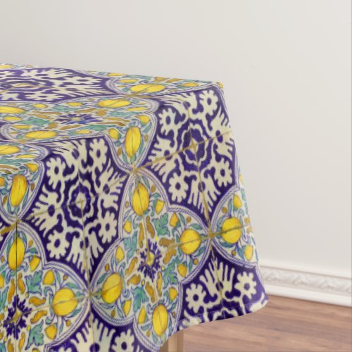 Blue Mediterranean Pattern Yellow Blossoms  Tablecloth