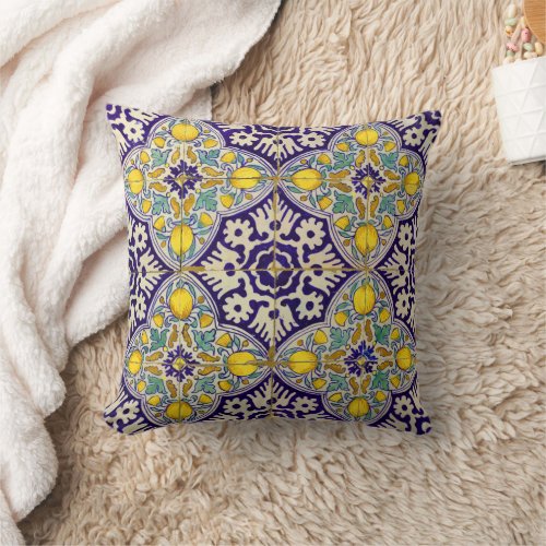 Blue Mediterranean Pattern Yellow Blossoms   Throw Pillow