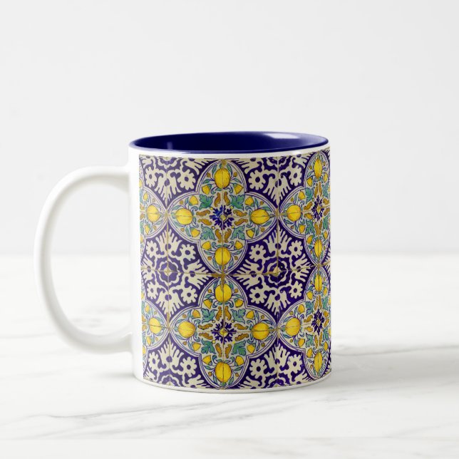 Blue Mediterranean Pattern Yellow Blossoms Two-Tone Coffee Mug (Left)