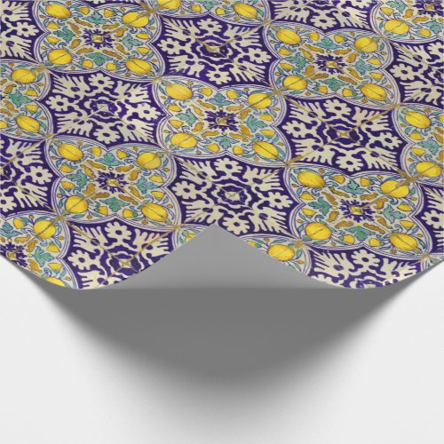 Blue Mediterranean Pattern Yellow Blossoms Wrapping Paper