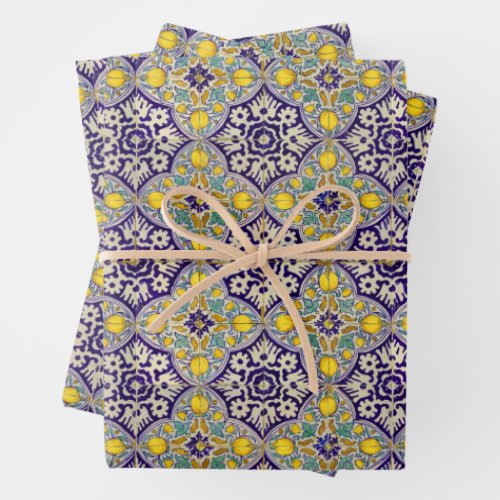 Blue Mediterranean Pattern Yellow Blossoms   Wrapping Paper Sheets
