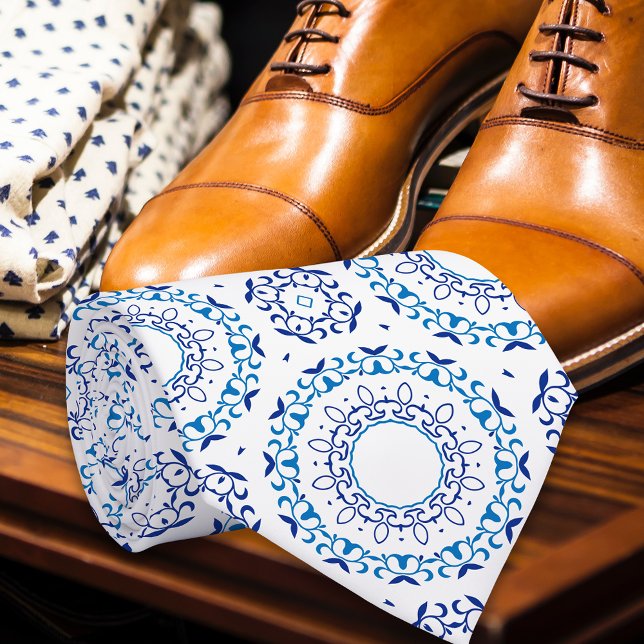 Blue Mediterranean Portuguese Azulejo Tile Pattern Neck Tie (Creator Uploaded)