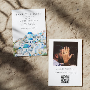 Blue Mediterranean Skyline Photo Wedding Save The Date