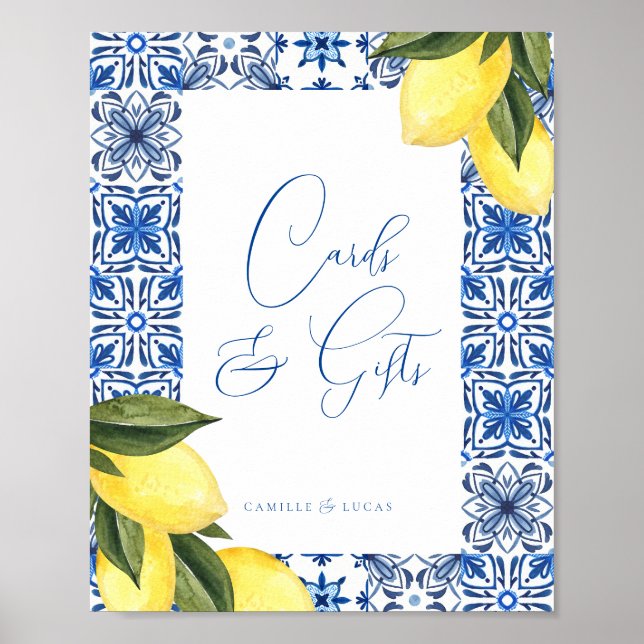 Blue Mediterranean Tile and Citrus Cards & gifts Poster (Front)