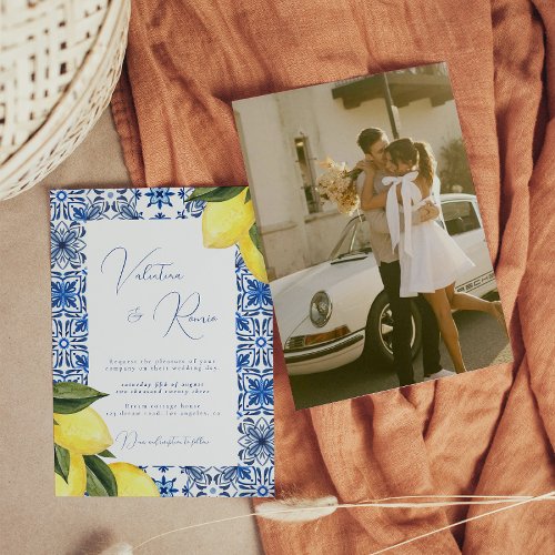 Blue Mediterranean Tile and citrus photo wedding  Invitation