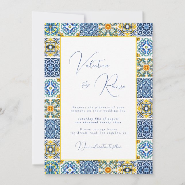 Blue Mediterranean Tile and citrus photo wedding  Invitation (Front)