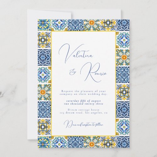 Blue Mediterranean Tile and citrus photo wedding  Invitation