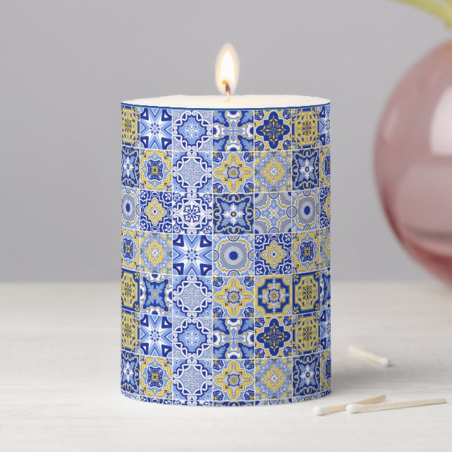 Blue Mediterranean Tile and Citrus Pillar Candles (In Situ)
