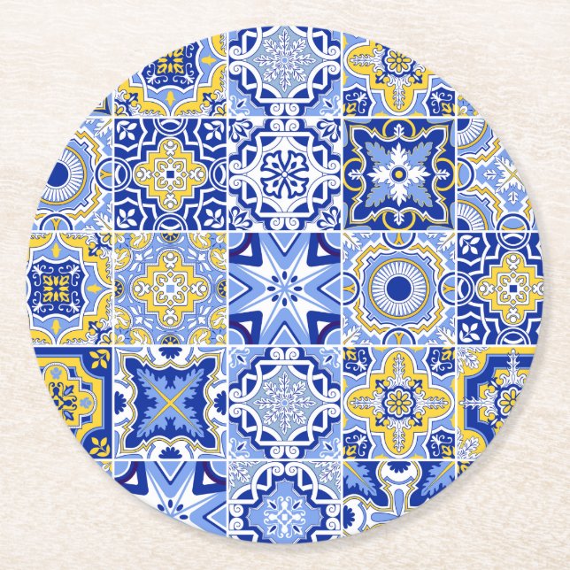 Blue Mediterranean Tile and Citrus  Round Paper Coaster (Front)