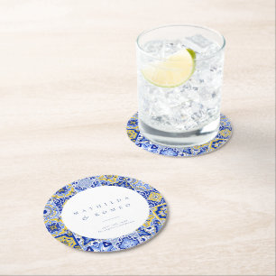 Blue Mediterranean Tile and Citrus Round Paper Coaster