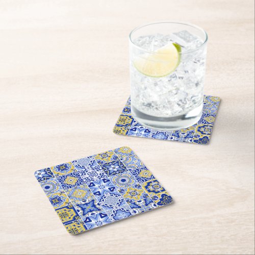 Blue Mediterranean Tile and Citrus  Square Paper Coaster