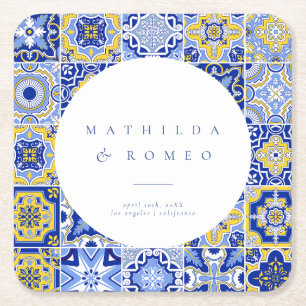 Blue Mediterranean Tile and Citrus  Square Paper Coaster