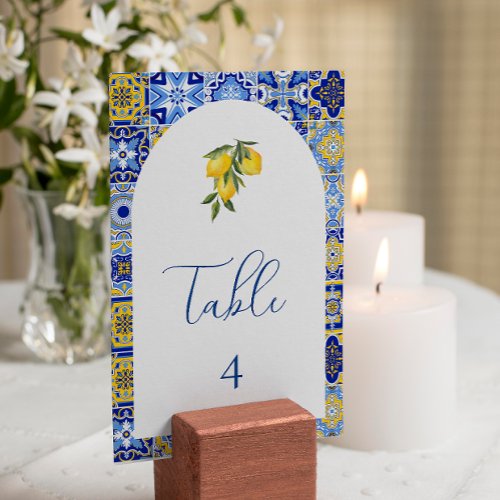 Blue Mediterranean Tile and citrus table number 