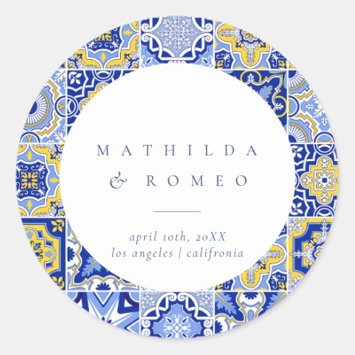 Blue Mediterranean Tile and Citrus Wedding  Classic Round Sticker