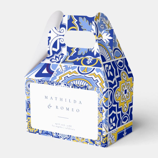 Blue Mediterranean Tile and Citrus Wedding Favor Boxes (Front Side)