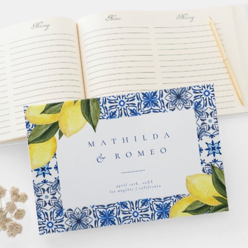 Blue Mediterranean Tile and Citrus wedding  Guest Book