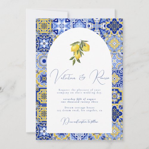 Blue Mediterranean Tile and citrus wedding  Invita Invitation