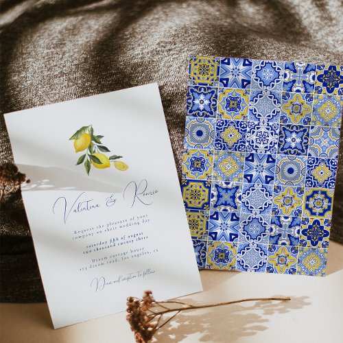 Blue Mediterranean Tile and citrus wedding  Invita Invitation