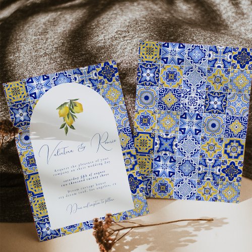 Blue Mediterranean Tile and citrus wedding  Invita Invitation