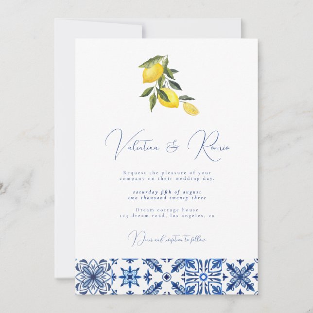 Blue Mediterranean Tile and citrus wedding  Invita Invitation (Front)