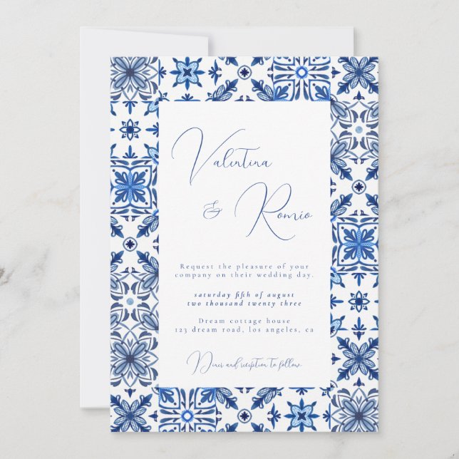 Blue Mediterranean Tile and citrus wedding  Invitation (Front)