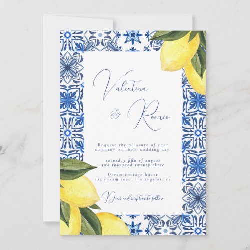 Blue Mediterranean Tile and citrus wedding  Invitation