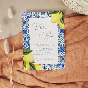 Blue Mediterranean Tile and citrus wedding  Invitation
