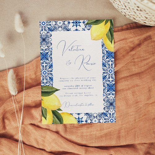 Blue Mediterranean Tile and citrus wedding  Invitation