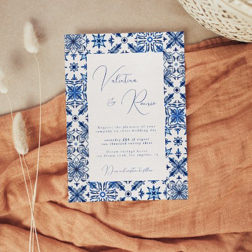 Blue Mediterranean Tile and citrus wedding  Invitation
