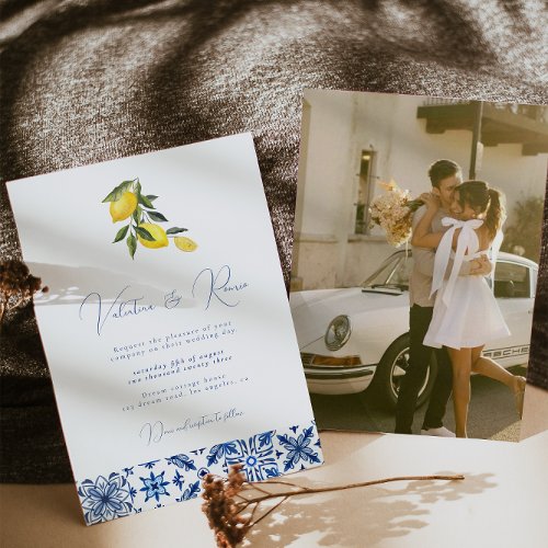 Blue Mediterranean Tile and citrus wedding photo Invitation
