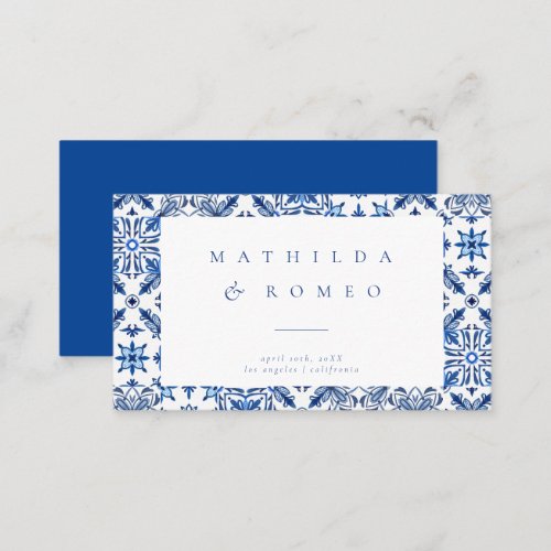 Blue Mediterranean Tile and Citrus Wedding Place Card