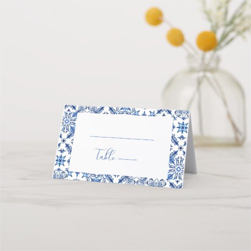 Blue Mediterranean Tile and Citrus Wedding  Place Card
