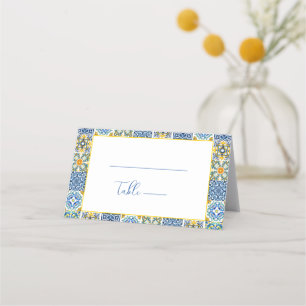 Blue Mediterranean Tile and Citrus Wedding Place Card