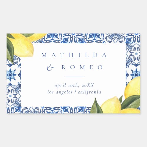 Blue Mediterranean Tile and Citrus Wedding  Rectangular Sticker