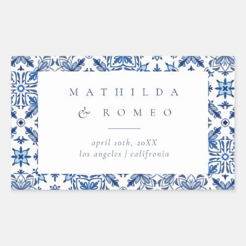 Blue Mediterranean Tile and Citrus Wedding  Rectangular Sticker