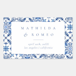 Blue Mediterranean Tile and Citrus Wedding Rectangular Sticker