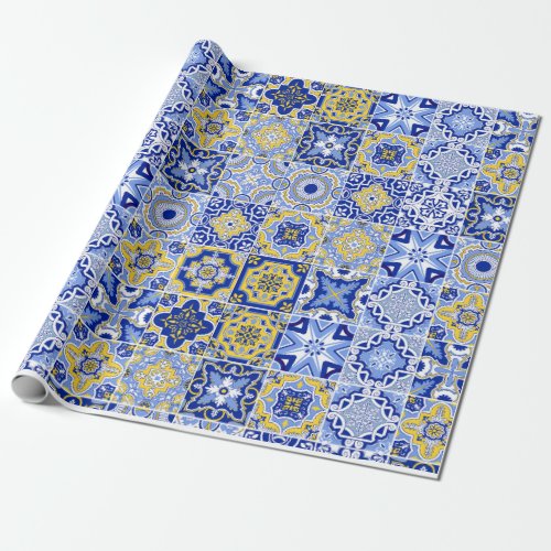 Blue Mediterranean Tile and Citrus Wedding Wrapping Paper
