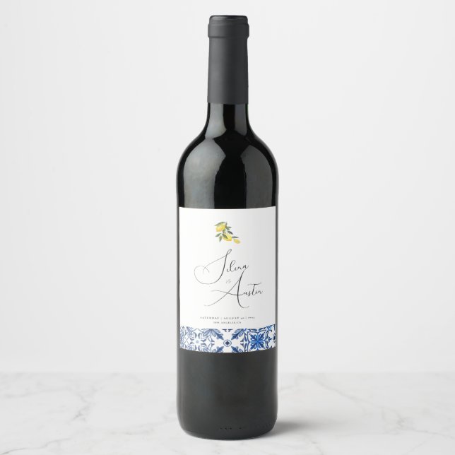 Blue Mediterranean Tile and Citrus  Wine Label (Front)