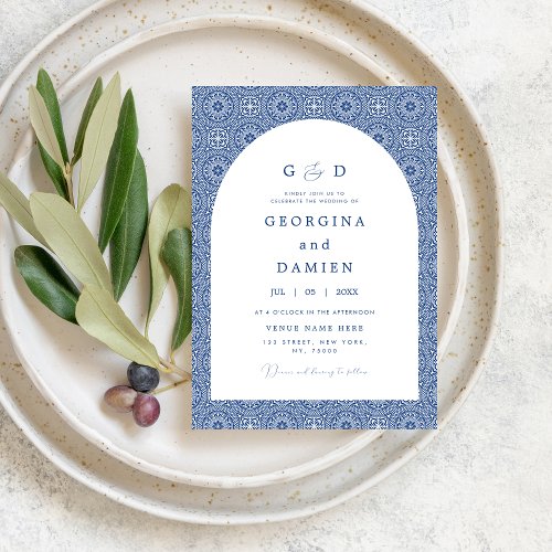 Blue Mediterranean Tile  Arch Elegant Wedding Invitation