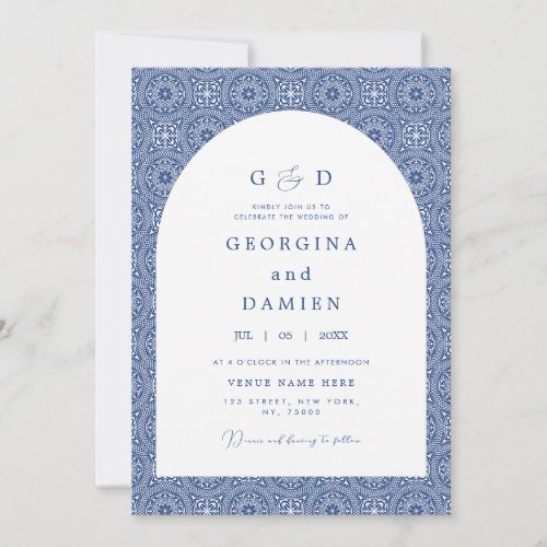Blue Mediterranean Tile  Arch Elegant Wedding Invitation