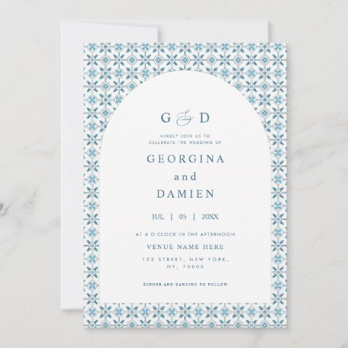 Blue Mediterranean Tile Arch Photo Elegant Wedding Invitation
