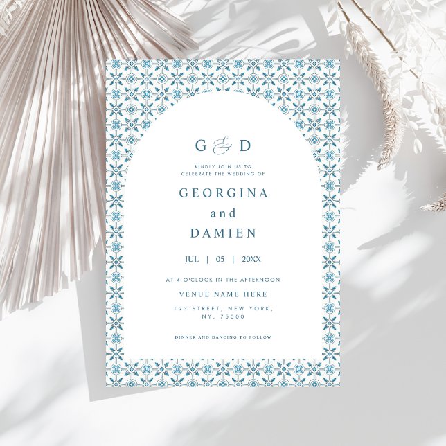 Blue Mediterranean Tile Arch Photo Elegant Wedding Invitation (Creator Uploaded)