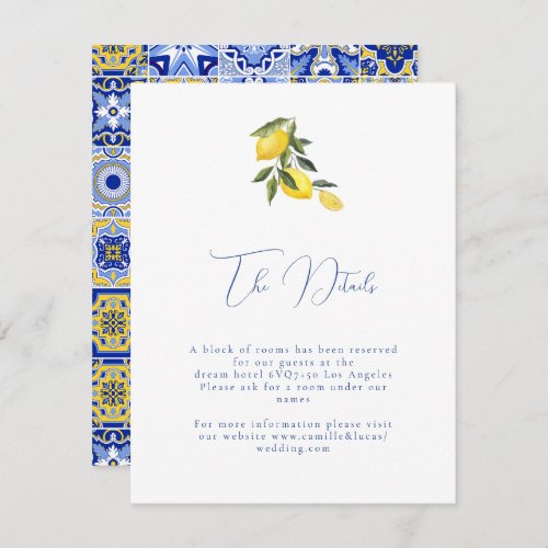 Blue mediterranean tile  citrus Wedding details  Enclosure Card