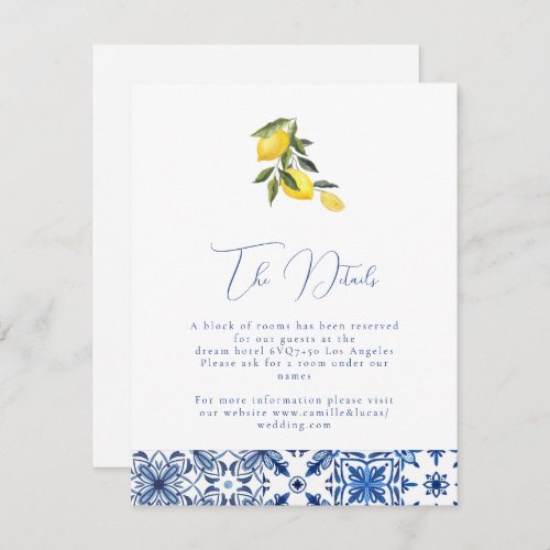 Blue mediterranean tile  citrus Wedding details  Enclosure Card