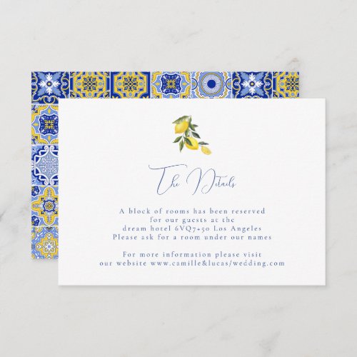 Blue mediterranean tile  citrus Wedding details  RSVP Card
