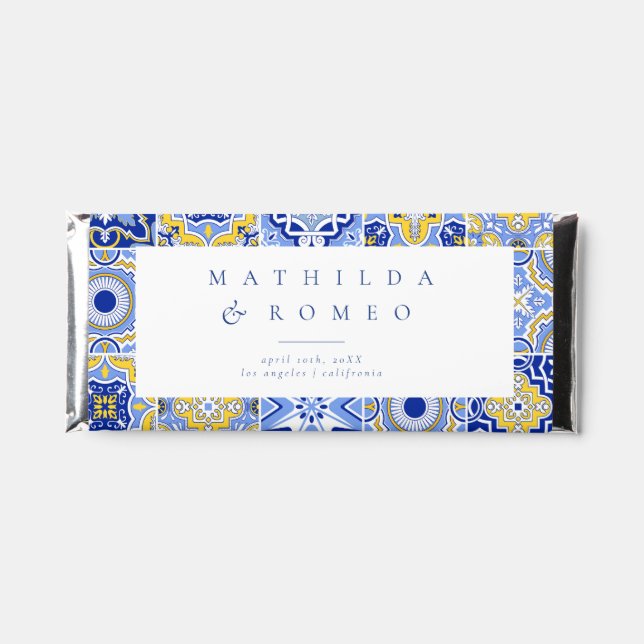 Blue Mediterranean Tile & Citrus Wedding Hershey Bar Favors (Front)