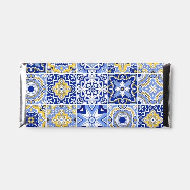 Blue Mediterranean Tile & Citrus Wedding Hershey Bar Favors (Front)