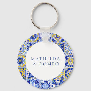 Blue Mediterranean Tile & Citrus Wedding Keychain