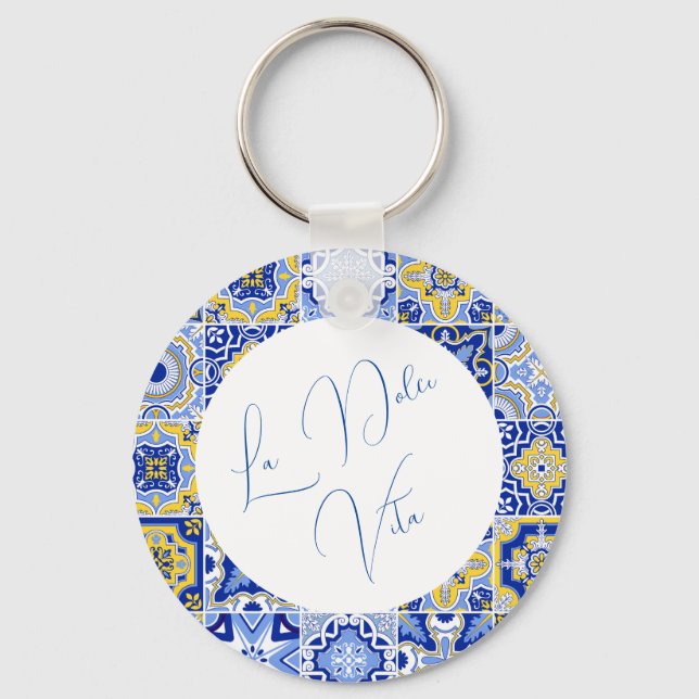 Blue Mediterranean Tile & Citrus Wedding Keychain (Front)